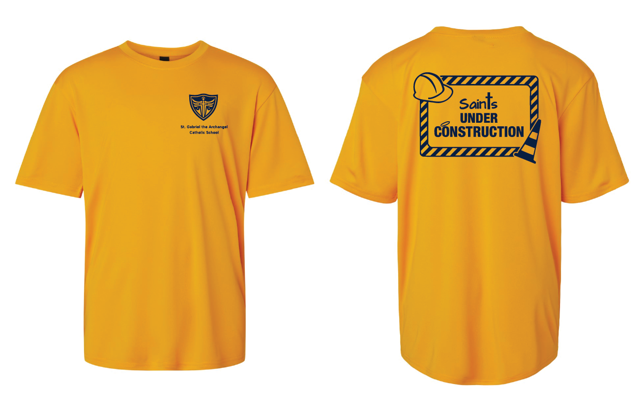 Gold youth tee with St. Gabe logo on left chest and Saints Under Construction on back in navy ink